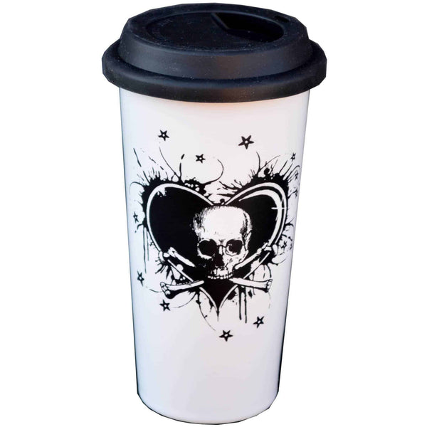 Black Heart Skull N Crossbones Double Walled Travel Mug