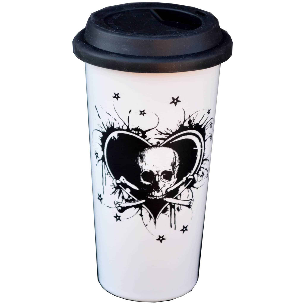 Black Heart Skull N Crossbones Double Walled Travel Mug